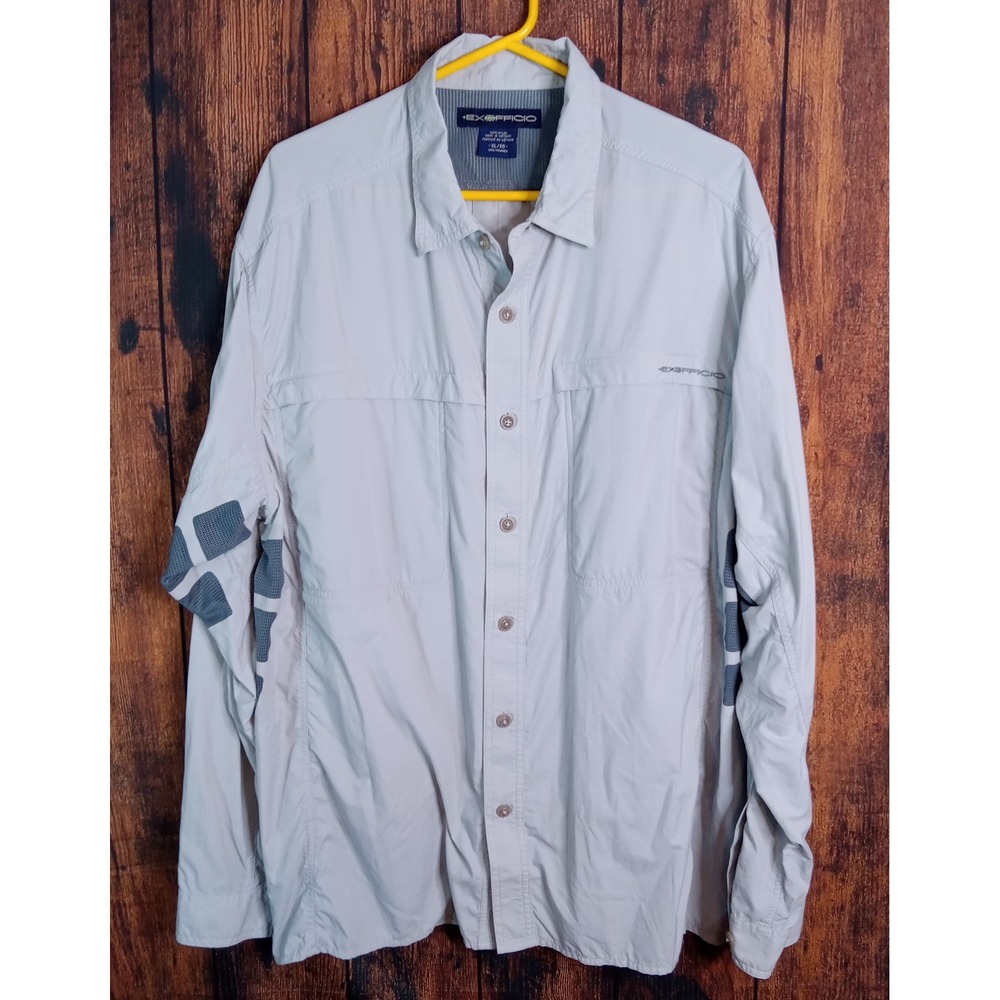 ExOfficio Mens XL Gray Nylon Long Sleeve Vented Fishing Hiking Shirt Ripstop